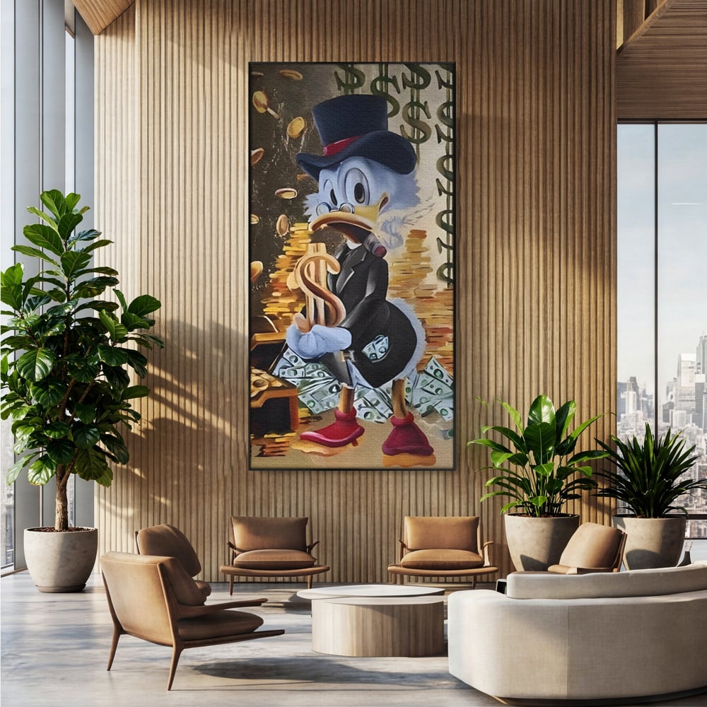 Tablou canvas cu tablou canvas cu scrooge duck si bani, in rama de aluminiu negru, pe perete intr-un birou